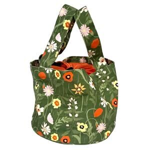 Saks Fifth Avenue Cinch Floral Tote Purse Bag Canvas Garden Green Top Handles